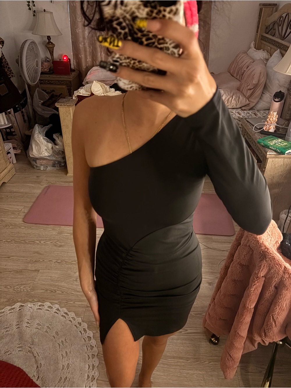 Amazon Black One-Shoulder Bodycon Dress with Ruched Side and Front Slit